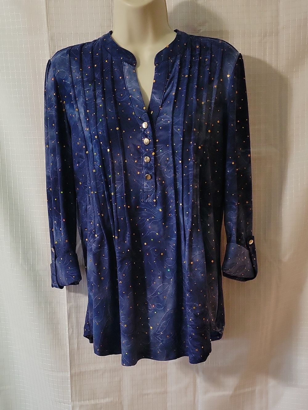 Cocomo Navy Pintuck Tunic Top with Metallic Dot Accents, Size S